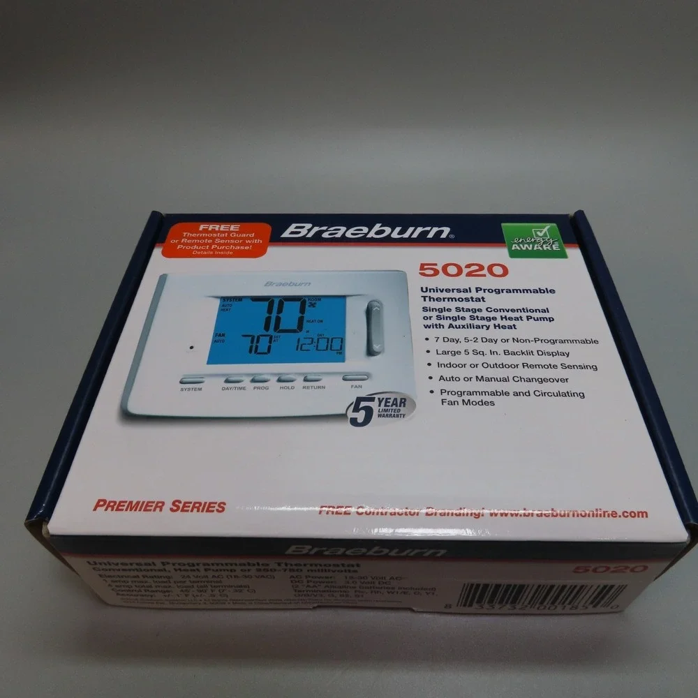 Braeburn 5020 Universal 7-Day Programmable Thermostat 2 Heat/ 1 Cool Heat Pump - Picture 1 of 7